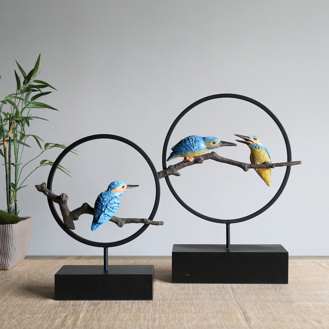 擺件家居飾品 新中式動物樹脂工藝品 壁柜電視柜擺件小鳥圓環